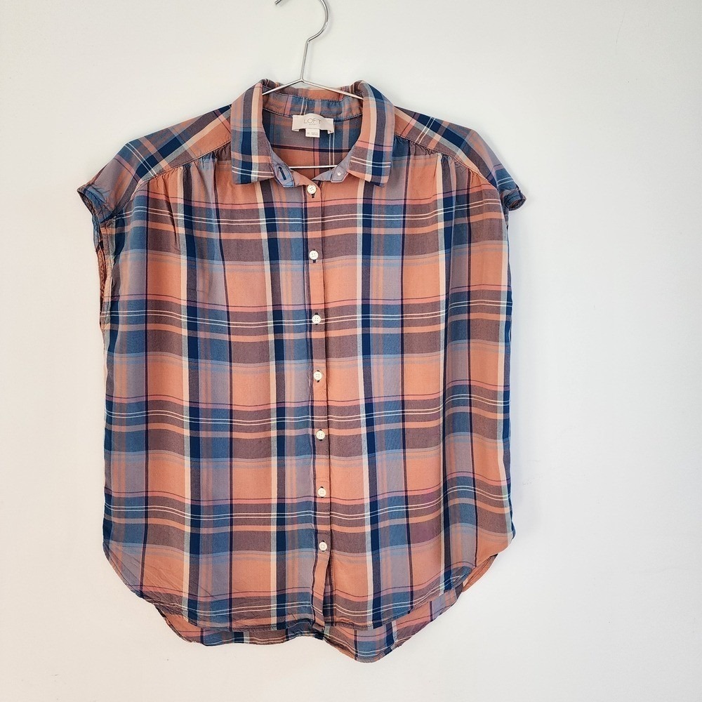 Loft Plaid Button Down Top Women Sz M Orange Blue Casual Lightweight Sleeveless